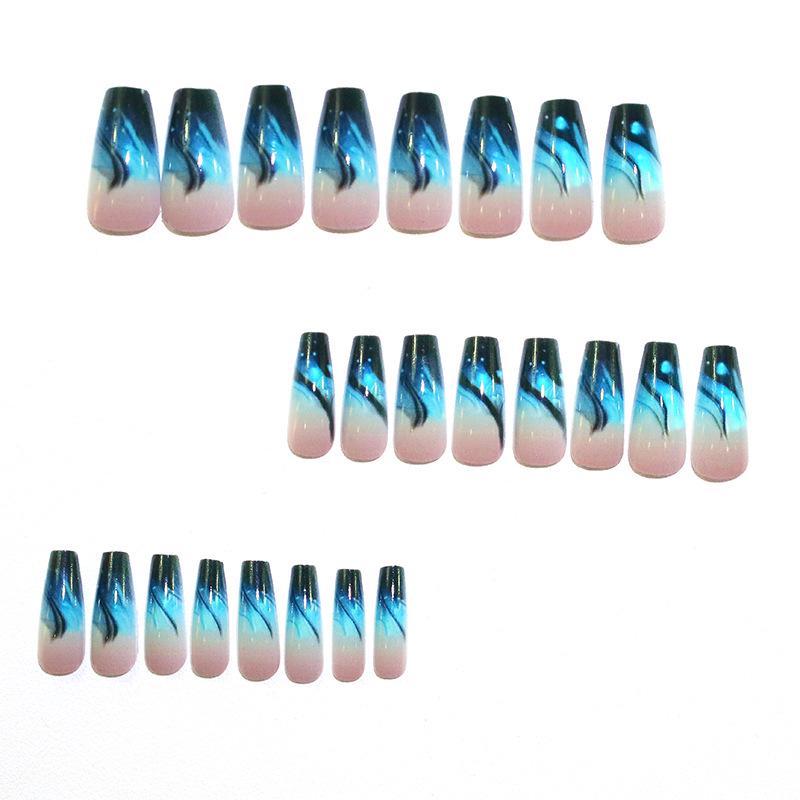 Trendy Blue Gradient Flame Medium Nail Tips – European & American Style