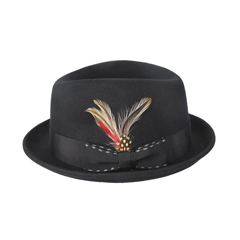 

2026 New Big Size British Retro 100% Wool Fedoras Hat for Dad Curled Brim Feather Jazz Felt Hats Banquet Party 57cm 59cm Unisex 57CM чорний