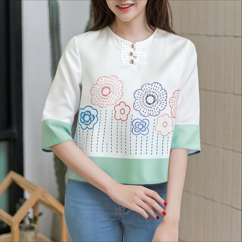 

ZANZEA Женская повседневная блузка с круглым вырезом и коротким рукавом с принтом 5XL зелёный