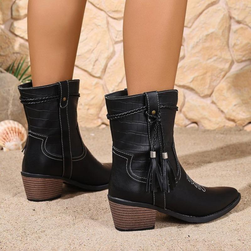 Fashion Women's Boots Fashion Pointed Toe Mid-Calf Boots Retro Western Cowboy Boots Classics Embroidered Leather Boot Women Knight Boot