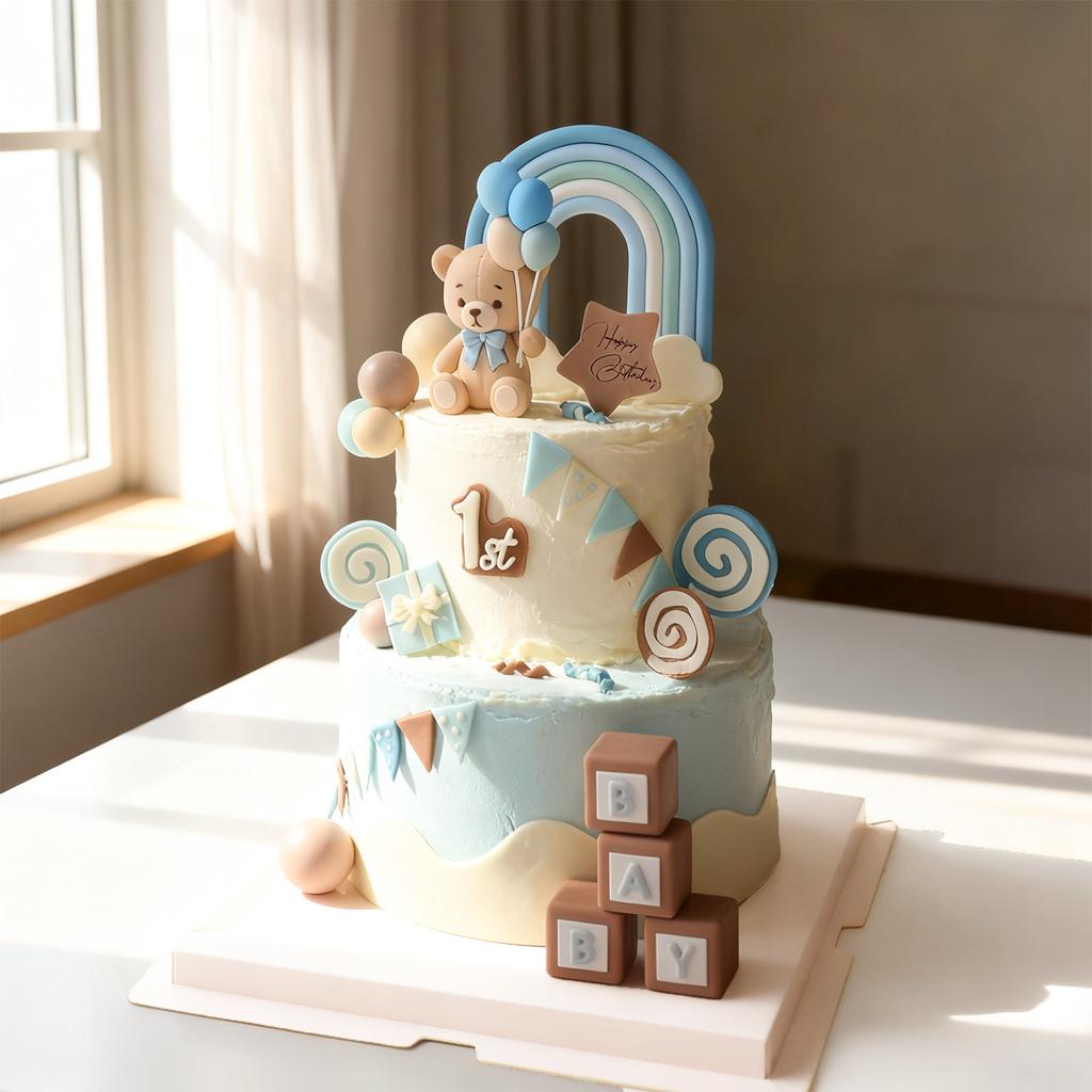 Luxury Blue Bear Cake Toppers Decorations Rainbow Balloon Bears with Balls Cake Decor for Baby Shower Girls Boys Birthday Party