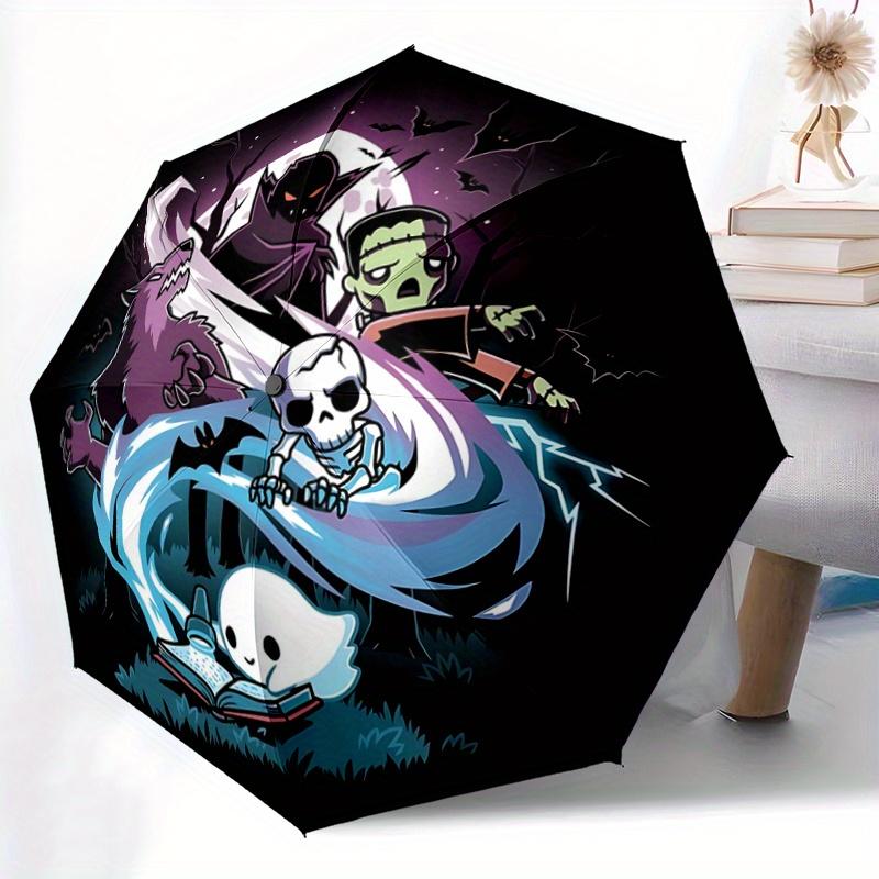 1pc Halloween Horror Friends Automatic Opening Umbrella - Portable 3-Fold Design, 8 Ribs Outdoor Umbrella, Festival Gift for Fans, Travelers, Dai