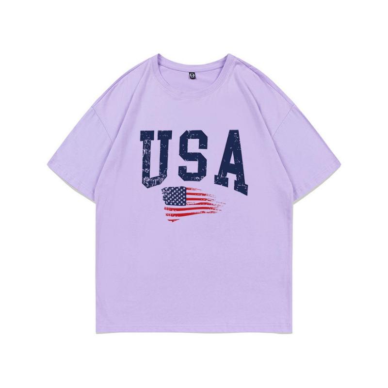Summer Pure Cotton Short Sleeved Flag Letter Combination Printed Shoulder Down Women's T-shirt Fashionable Casual Women's Top T-Shirts Women’s