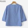ZANZEA Blusa Casual da Donna con Scollo a V Maniche 3/4 Ampi Stampa a Quadri