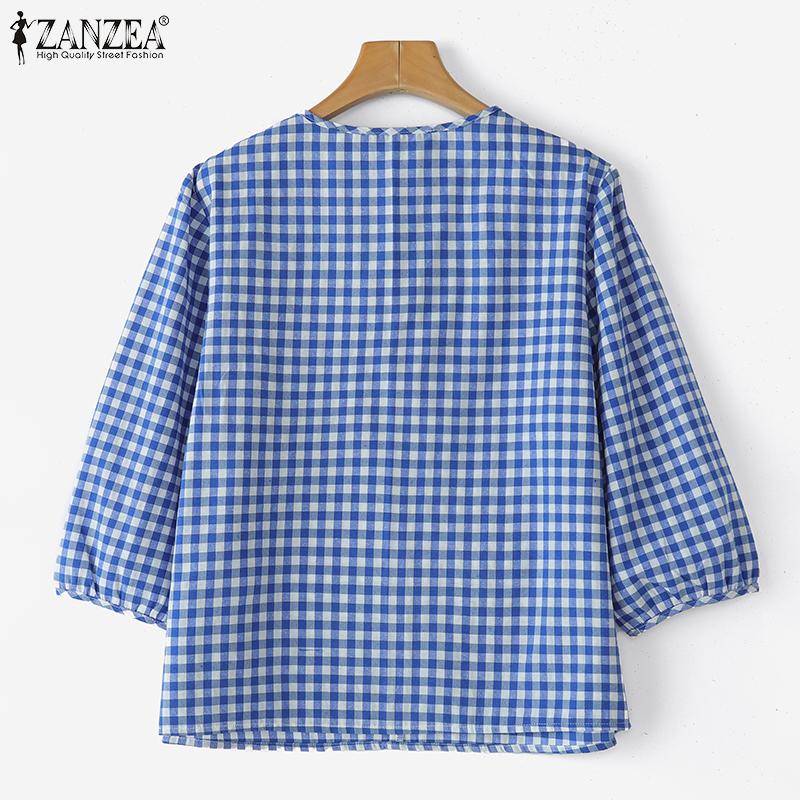 ZANZEA Blusa Casual da Donna con Scollo a V Maniche 3/4 Ampi Stampa a Quadri