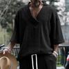 Men T-shirt V-Neck Short Sleeve Twist Jacquard Texture Tee Shirt Solid Color Loose Fit Summer Knitting Tops