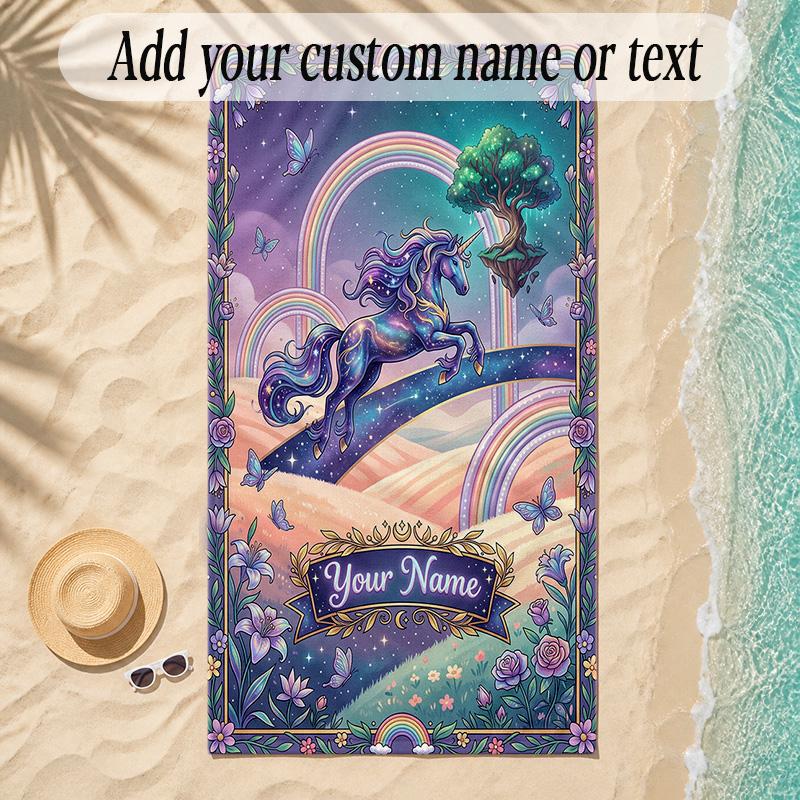 Unicorn Theme Soft Beach Towel Personalized Custom Name Text Towel Portable for Beach Pool Travel