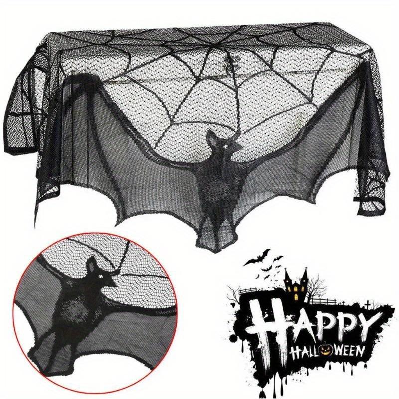 Halloween Lace Curtain Gothic Bat Tablecloth Fireplace Scarf Window Cover for Party Home Decoration Cobweb Halloween