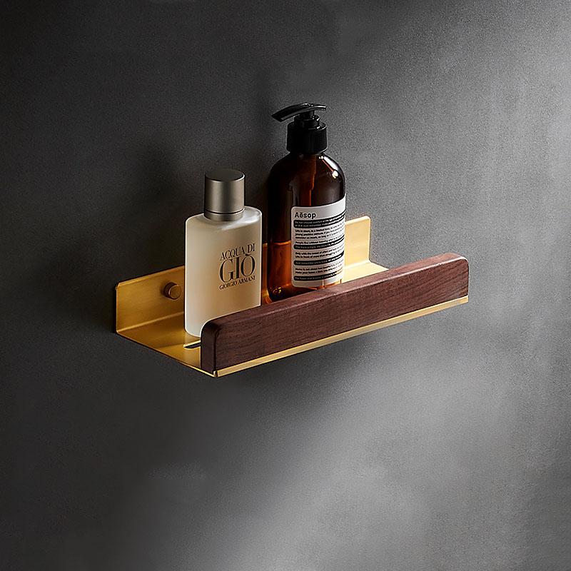 30-50cm Brushed Gold Bathroom Corner Shelf Wall-mounted Shower Room Toilet Walnut Wood Cosmetic Storage Rack with Hook Rod