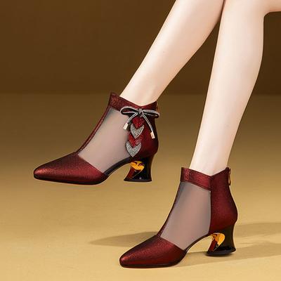 Fhanchu Leather Women Sandals Boots ,Square Heels Mesh Summer Shoes ,Rhinestone ,Back Zip ,Pointed Toe ,Blue ,Red ,Dropship