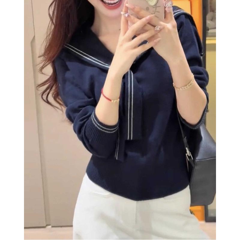 College style contrasting color navy collar knitted sweater women's autumn new temperament thin shawl lapel sweater tide