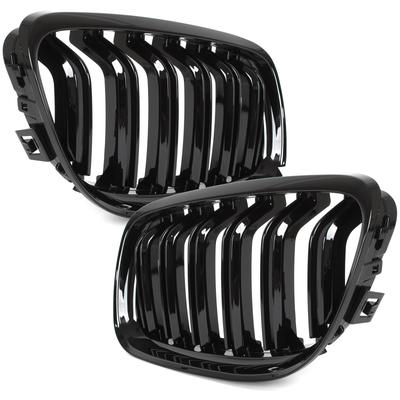 BMW Serie 3 E90 / E91 09-13 BERLINA / STATION WAGON griglie tra i fari (reni) set sinistra + destra DOPPIA BARRA NERA LUCIDA