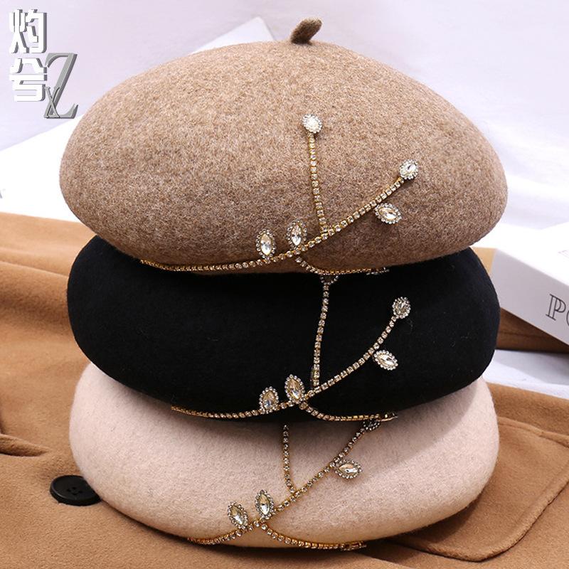 Wool Beret Autumn and Winter New Fashion Rhinestone Three-dimensional Painter Hat Versatile Women's Temperament Versatile Hat