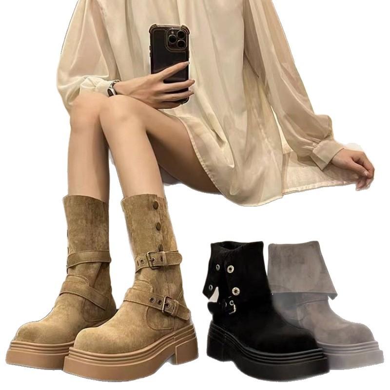 Brown two-wear locomotive Martin boots women's 2025 autumn and winter new thick-soled heightening Maillard boots small short boots