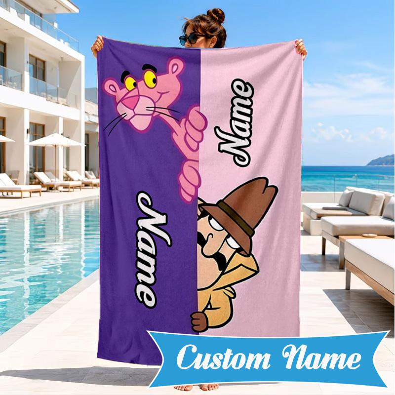 Benutzerdefinierter Name Pink-Panther Herz Im Weltraum Abenteuer Mikrofaser Strandtuch, Leicht für Sommerreisen, Schwimmbad Fan Geschenk
