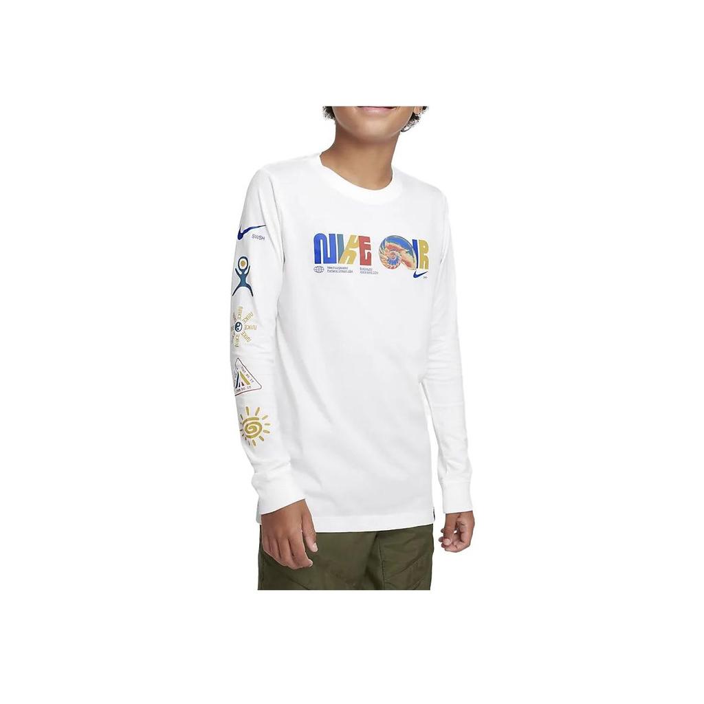 Nike Letter Print Long Sleeve Crew Neck T-Shirt Kids Tops White DX9531-100