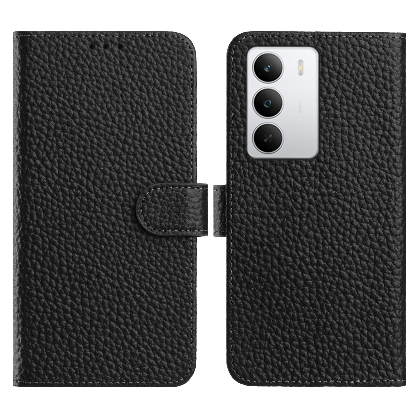 

For Realme 14x 5G/C75 5G Case Wallet Stand Litchi Texture Genuine Cow Leather Flip Phone Cover Black