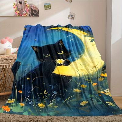 1Pc Moon Cat Print Flannel Blanket, High Quality Digital Printing, Comfortable for All Seasons, Home DecorGifts821025