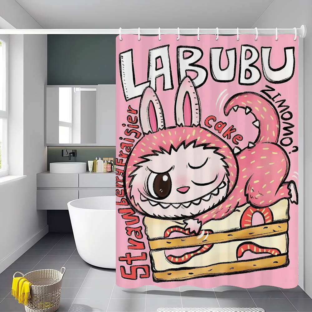 Cute L-labubu Cartoon Shower Curtain Bath Curtain Print Polyester Fabric Waterproof Bathroom Curtains With Hooks Bath Screen