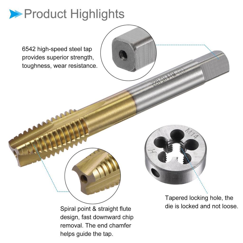 CoCud Metric Tap and Die Set, M14 X 2 Thread, Titanium Coated, Spiral Point Screw Tap, Round Thread Cutting Tool Kit for Tapping and Correction, 1 Set