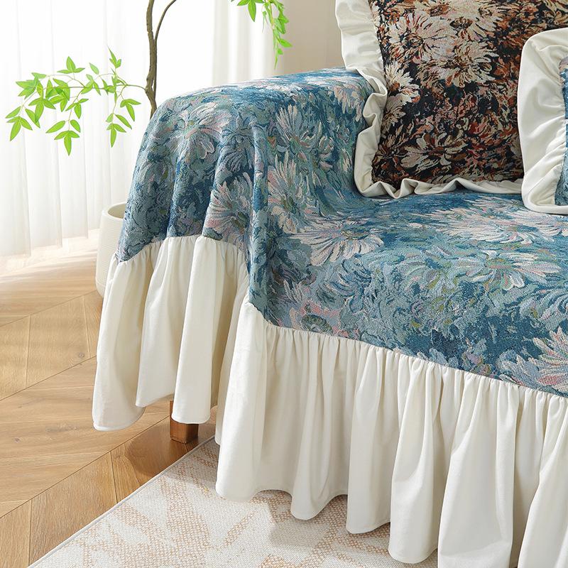 Sofa Towel Skirt Cream Breeze Anti Cat Scratch Sofa Cover Blue Floral Jacquard Thickened Sofa Cushion