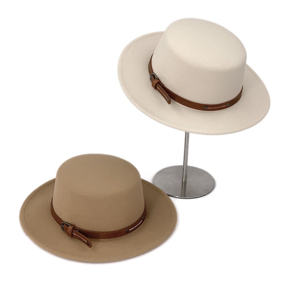 Belt Buckle Felt Hat Elegant Women Jazz Hat Trendy Woolen Flat Top Hat Outdoor Activities