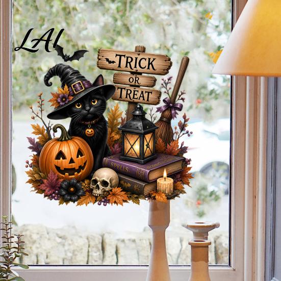 Static Cling Decals Halloween Witch/Black Cat Glass Stickers Double-sided PVC Waterproof Window Clings Removable Shop Display Stickers with Pumpkins