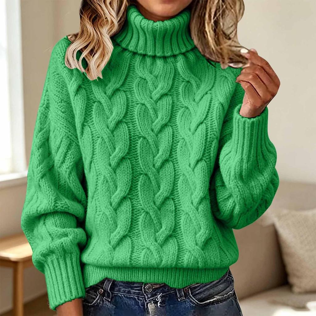 Damen-Strickpullover mit Rollkragen, langen Ärmeln, einfarbig und mit Zopfmuster