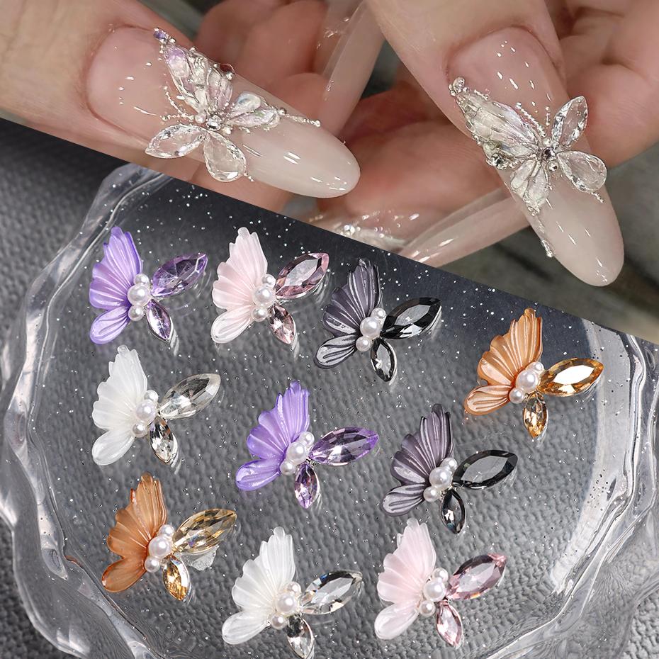 Aurora Butterfly 3D Nail Art Decoration Jewelry Hollow Heart Pearl Flower Mixed Size Irregular Nail Beads Manicure Accessories