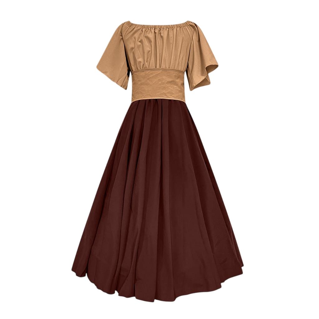 Retro Women's Spliced Flying Sleeves Tie-Waisted Large Swing Skirt One Shoulder Dress