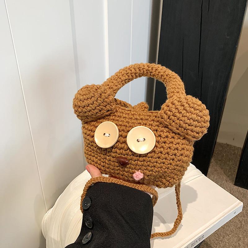 Bolsa de malha adorável com estampa de desenho animado, leve e com um design fofo, perfeita para crianças e pais.