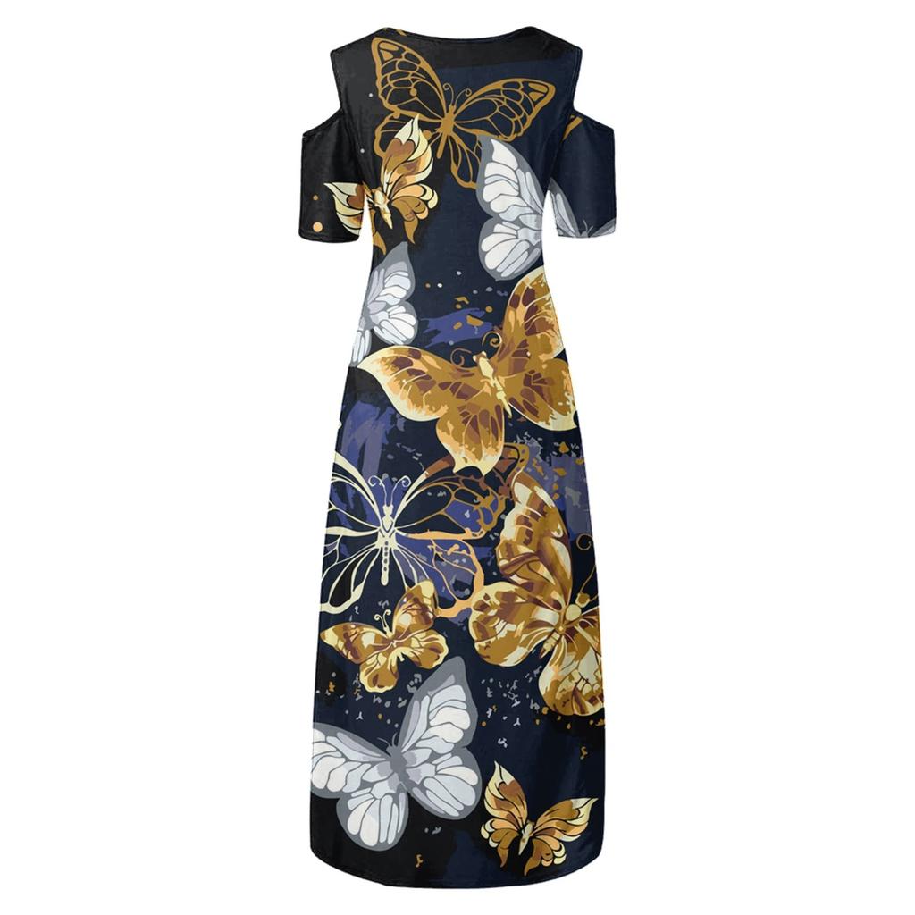 Plus Size Women's Short-sleeved Fashion Print -neck Off-shoulder Irregular Hem Dress