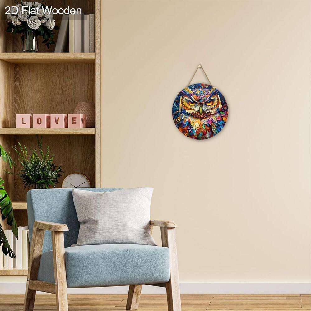 2D flat wooden hanging decorative signs, home wall or door decoration, garden decoration, the pattern is a colorful owl, housewarming gift for friends