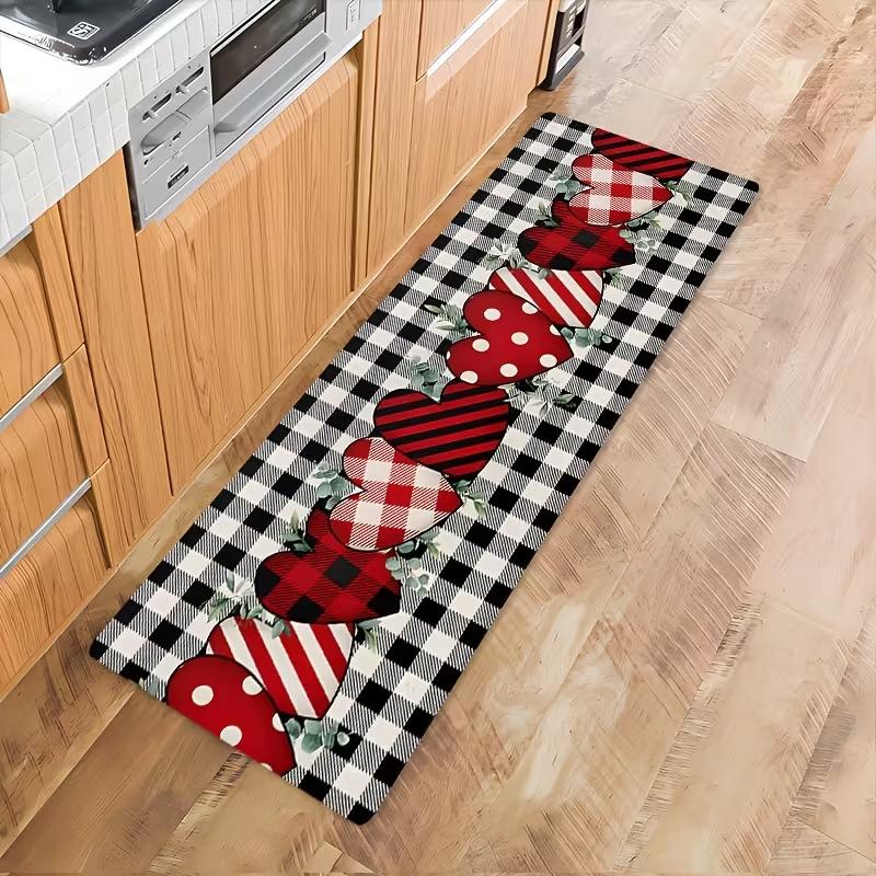 Heart Grid Print Kitchen Mat - Love Pattern Non-Slip Floor Carpet for Living Room Hallway Home Game Room Easy Clean Fashionable