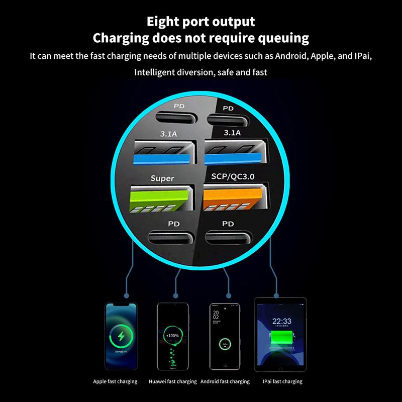 8-Port Car Charger 4Usb+4Type-C Pd Fast Charging Truck Vehicles Phone Adapter For Iphone Android Phone Laptop Tablet For Macbook