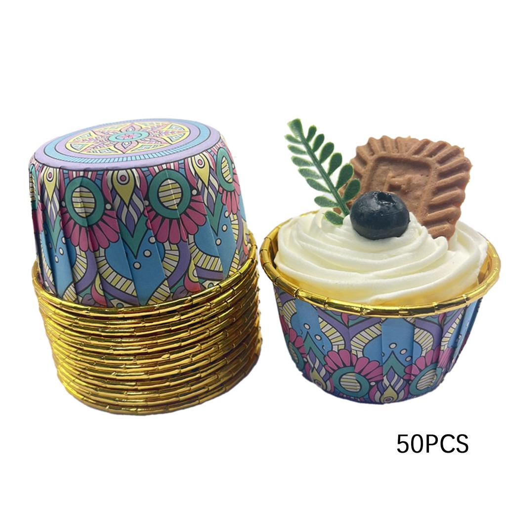 50pcs Bohemian-Print Muffin Cups Aluminium Foil Cupcake Cases Heat Resistant Baking Cup Disposable Cake Pan For Home Kitchen