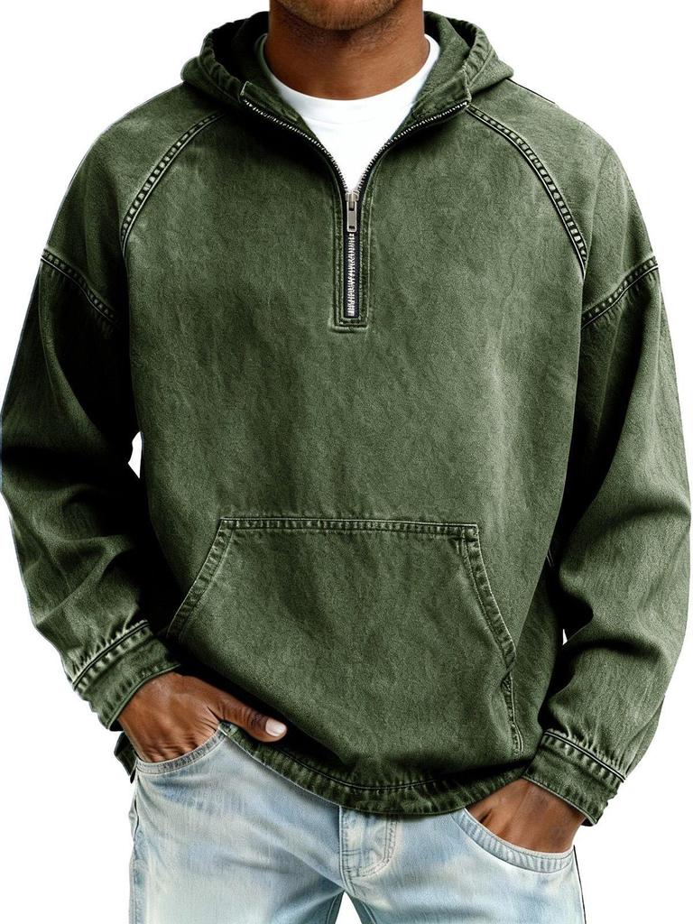 Men's Washed Old Solid Color Loose Half-Zip Hoodie with Hood - Autumn/Winter 2025 Collection