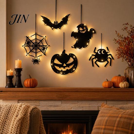 Halloween Holiday Decorations Pumpkin Hanging Decor, Non-Woven Ghost Ornament with Light String, Spooky Festive Decor Door Wall for Party Scene, Trick