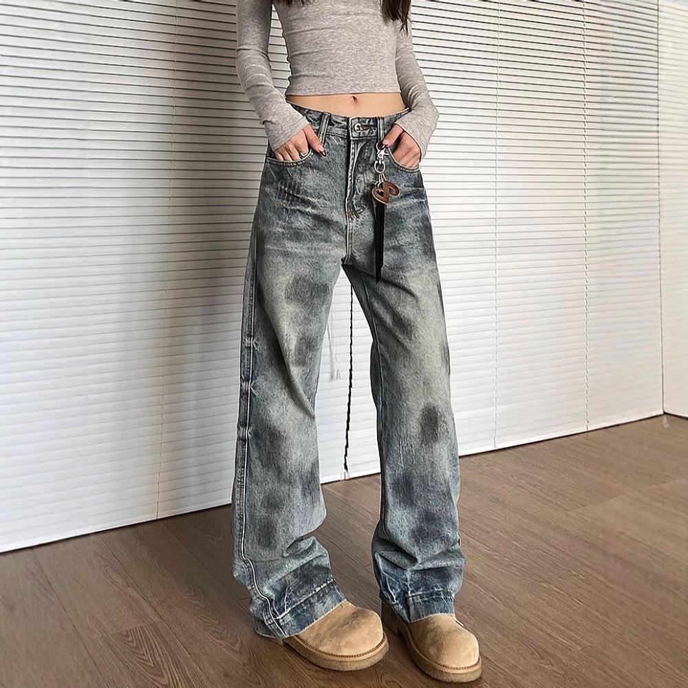 

Unisex Retro Distressed Washed Jeans - Casual Loose Fit, High Street Style, Long Straight Leg XXXL