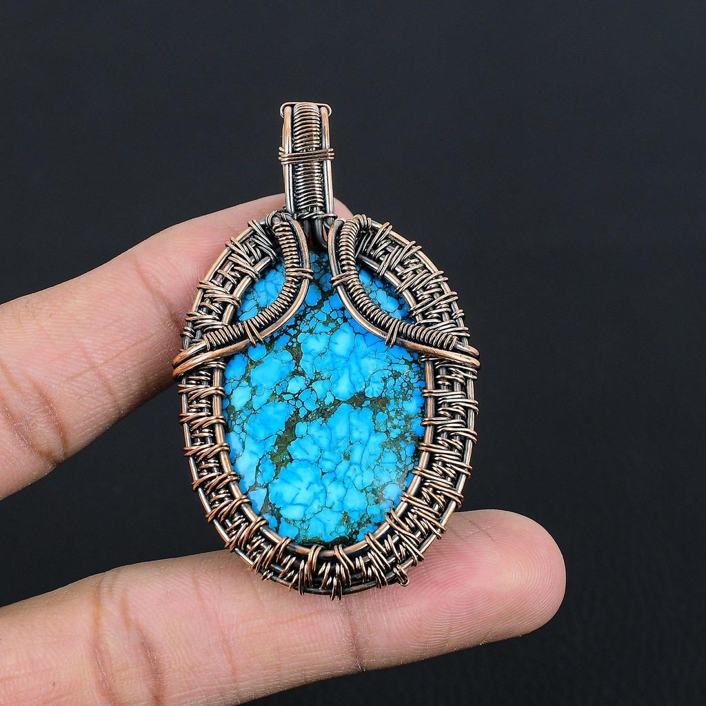 Tibetan Turquoise Pendant, 999 Copper Wire Wrapped Gemstone Jewelry, Handmade Pendant, For Thanksgiving
