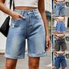 Femei de vară pantaloni scurți din denim talie medie lungime genunchi elastic casual largi drepte picior dresuri blugi cu manșete scurte cu buzunare