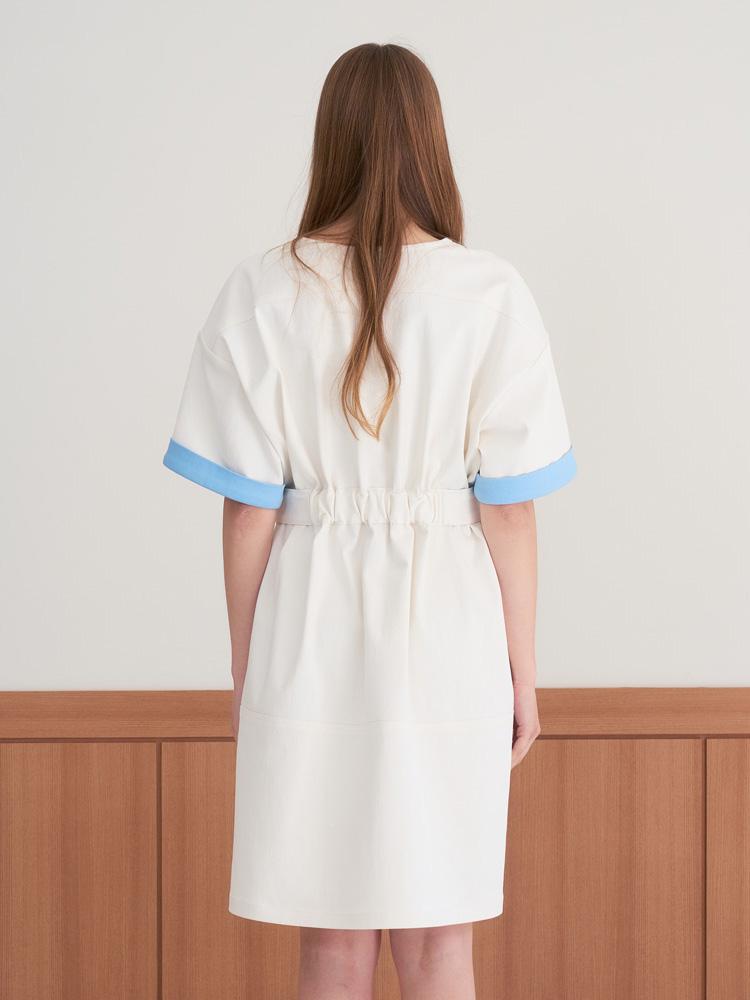 L By L White Color Block Short Sleeve Cotton Belted Dress