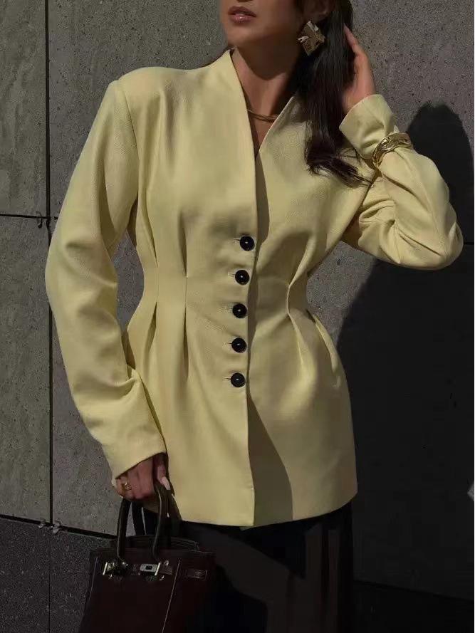 

Высококачественный ретро-костюм с V-образным вырезом, однобортный, Осень/Зима 2025 Small жёлтый