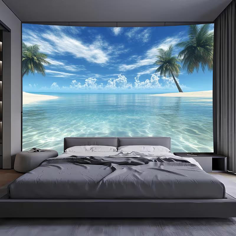 2D Tropical Beach Tapestry Palm Tree Ocean Wall Hanging Backdrop