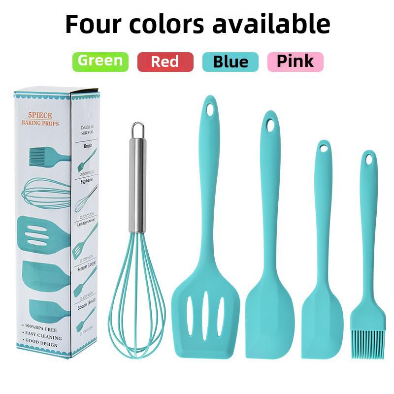 Five-Piece Silicone Kitchen Tool Set: Egg Beater, Scraper, Steak Frying Spatula, and Drain Spatula. Ideal for Baking and Cooking.
