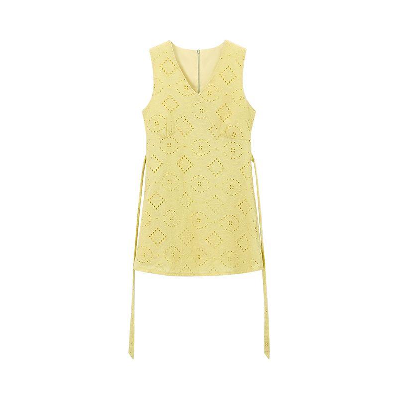 

Hollow-out Yellow Sleeveless Shirt Korean Style Two-piece Set Embroider Cyan Yellow Tops L