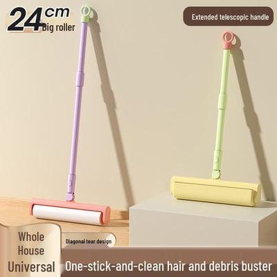 Extendable Long-Handle Lint Roller with Refillable Sticky Sheets for Household Use