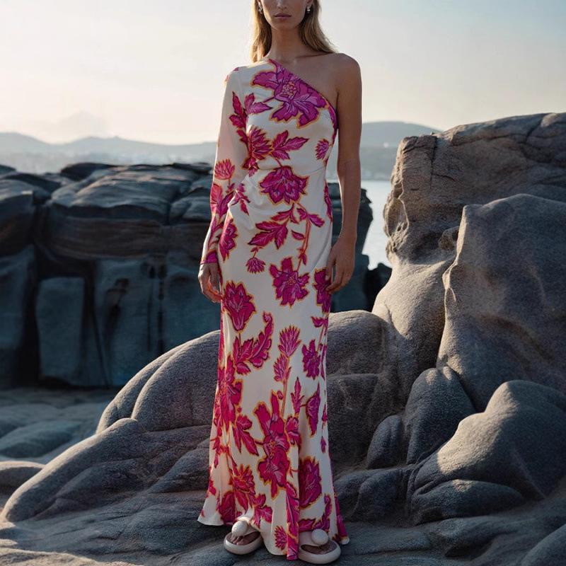 European Crescent 2026 Women s One-Shoulder Satin Dress in New Rose Print - Elegant and Long M
