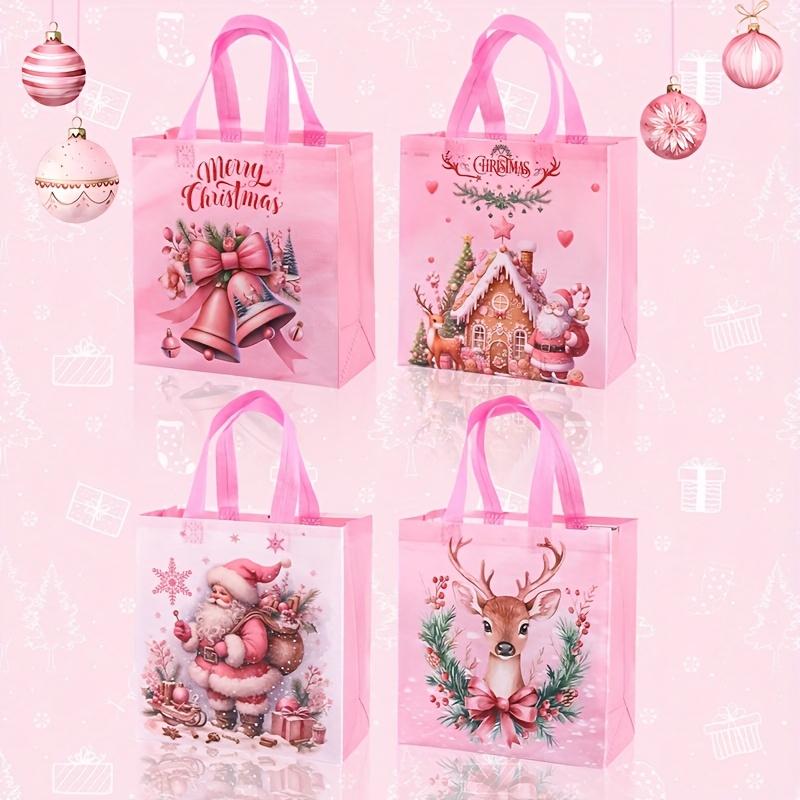 4/8pcs Pink Christmas Tote Bags with Handles,Santa Claus Elk Bell Pattern Reusable Gift Bag,Grocery Shopping Bag,Pink Packaging
