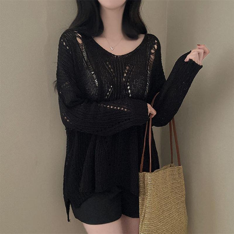Fashion Thin Long Sleeved Knitted V-neck Women Shirt Loose Solid Color Hollow Out Blouse Casual Simple Covers Up Office Top Women Clothing
